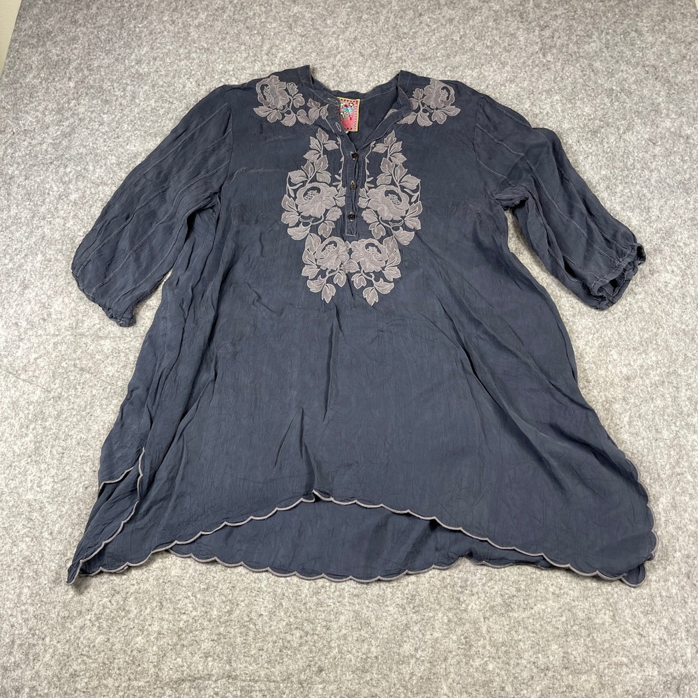 Johnny Was Floral Embroidered Tunic Top Womens Medium Gray Cupra Rayon Peasant